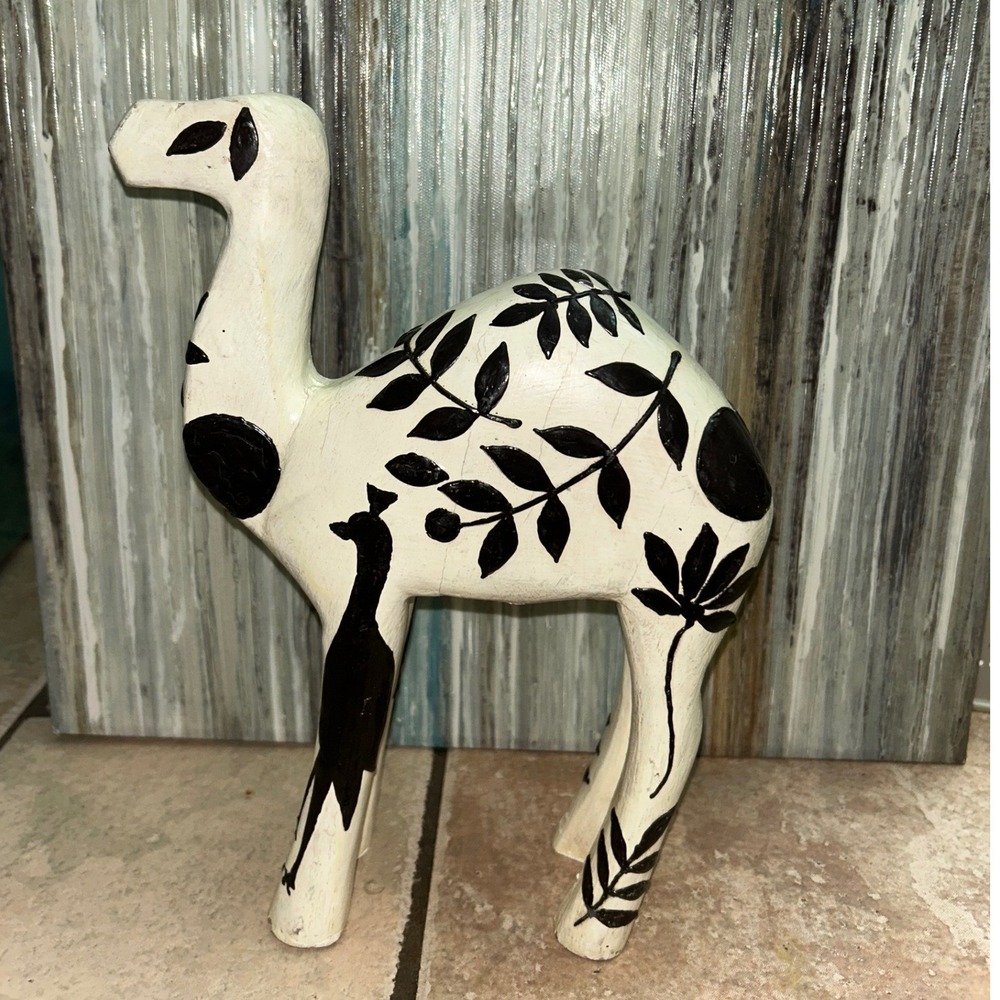 Vintage Hand Painted Wooden Camel Figurine Black Cream Peacock Folk Art Decor